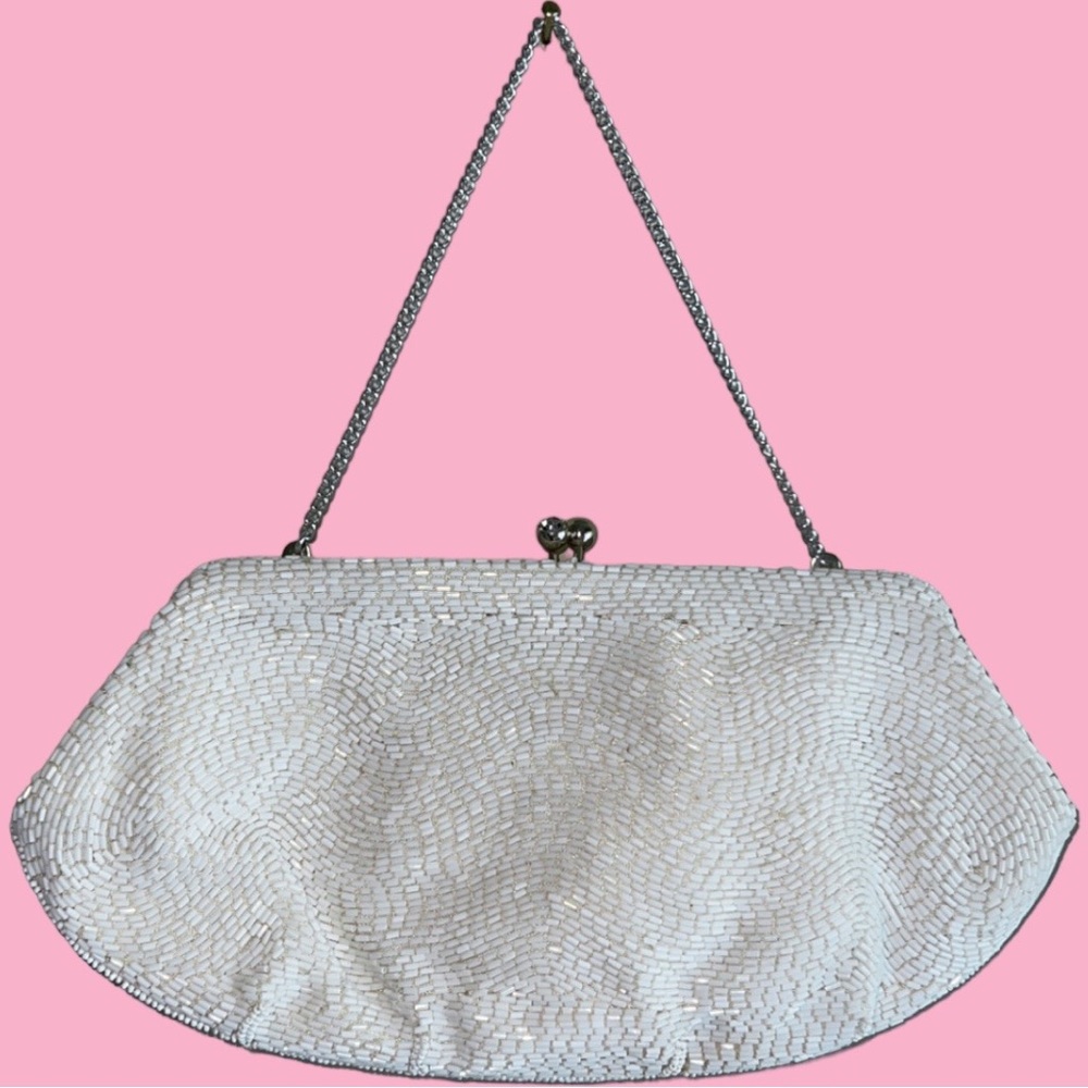 Vintage Hand Beaded White Magid Purse. Rhinestone Accents. Beautiful Vintage.
